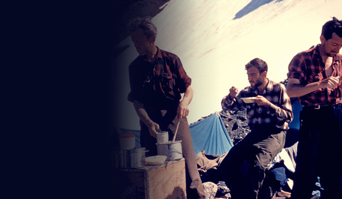 Climbers cook at glacier camp. Photo BCMC Archives 70-04.